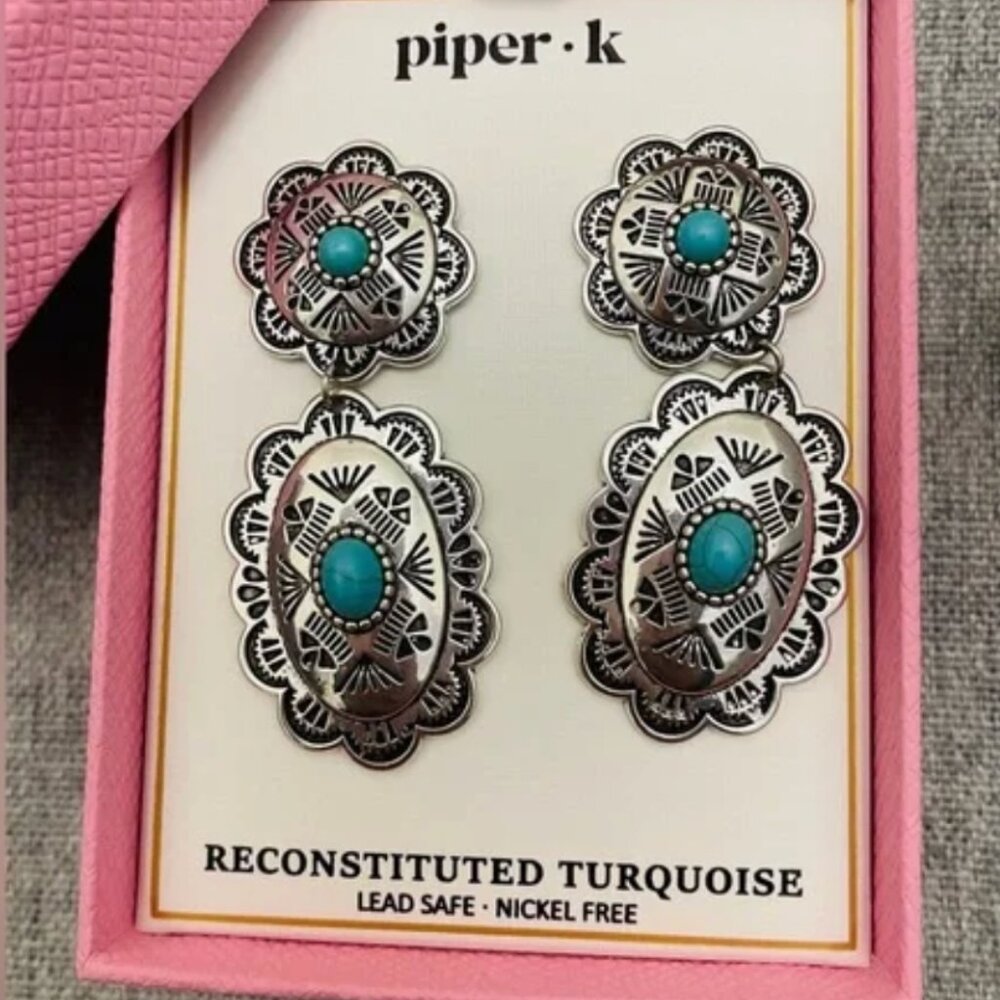 Piper K Silver and Turquoise Boho Western Dangle Drop Earrings NIB